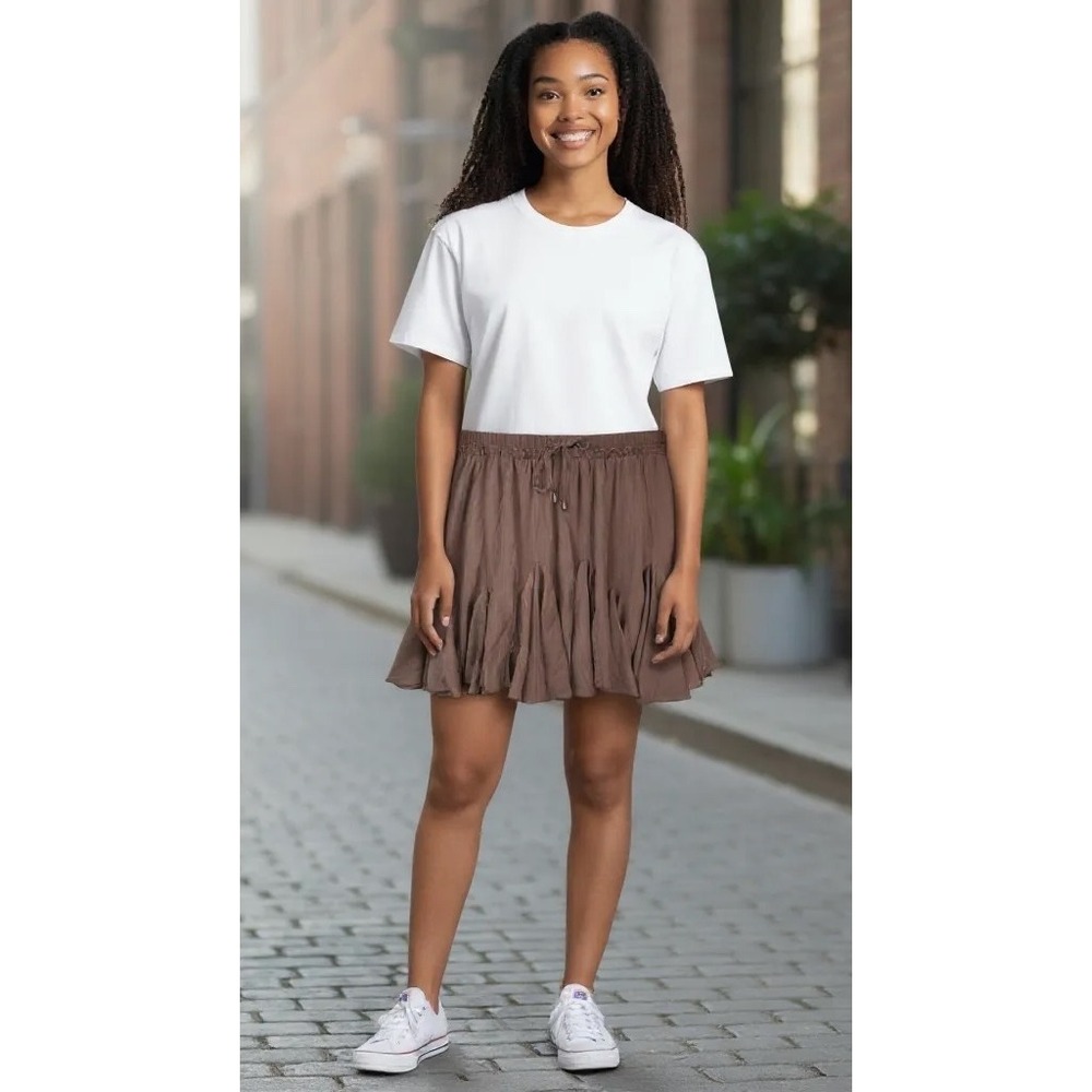 Entro Brown Skirt‎ Skort Womens Medium Drawstring Elastic Waist Ruffle Hem